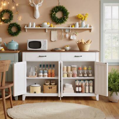 Aparador buffet de cocina con encimera, mueble de cocina con 2 cajones y 4 puertas para cocina, salón, recibidor y comedor, color vintage y gris, navidad