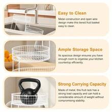 3-Layer Oval Iron Fruit Basket Rack, Kitchen Countertop Fruit, Vegetable And Snack Storage Rack, Metal Design, No Installation Required - White - View 3