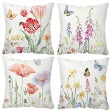 TOPSSCTR Set Of 4, Country Style Floral Throw Pillowcases 45 X 45 Cm - Flowers, Butterfly And Bee Pattern Printed, Comfortable 100% Polyester Pillow Covers For Sofa, Bed, Terrace, Garden, Farmhouse Decoration, Zippered Square Cushion Covers, Without Filling - Multicolor - View 2