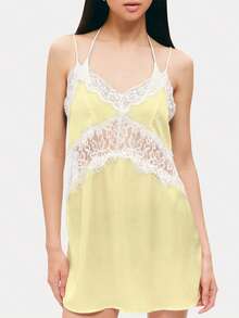 Women Silky Lace Slip Dress Flowy Sleeveless V-Neck Short Tank Dress Backless Ruffle Lace Mini Dress - 黃色 - 查看 2