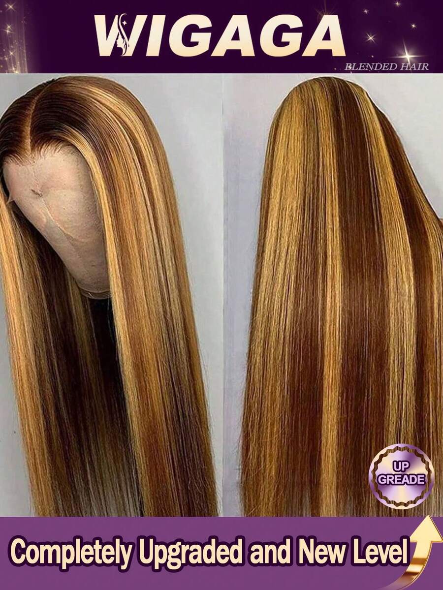 #P4/27 High-Gloss 28-Inch 13x4 HD Lace Forehead Long Straight Wig, Brazilian Native Hair, 200% Density, Glue-Free Fiber Wig, Women's Only, 13x4 Ear-To-Ear Lace Forehead Long Hair, Pre-Plucked Hair, Natural Hairline, Suitable For Everyday Wear
