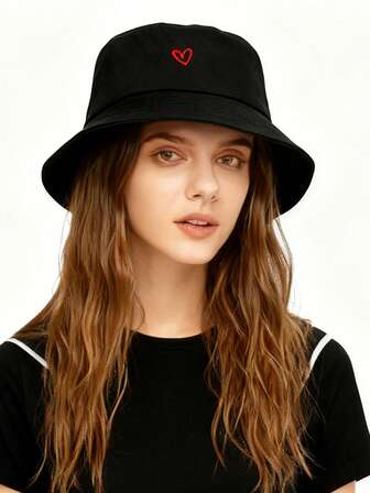 1 ชิ้น หมวกบักเก็ตปักลายหัวใจใหม่ - หมวกกันแดดลำลองสไตล์เกาหลีและญี่ปุ่นสำหรับผู้หญิง