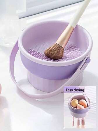 1 pieza Soporte para secar brochas de maquillaje morado, Recipiente multifuncional para limpiar brochas de maquillaje, Limpiador y secador de brochas de silicona, Soporte para lavar y secar esponjas de maquillaje, Herramienta 3 en 1 para limpiar y secar brochas, borlas y esponjas de maquillaje