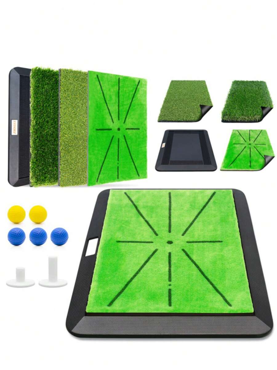 Golf Hitting Mat Training Equipment, Golf Practice Mat With Instant Swing Path Feedback, 3 Replaceable Golf Training Mats With Non-Slip Heavy-Duty Rubber Base - màu xanh lá - Xem 1