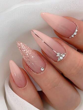 24片夏日清新简约杏仁形全覆盖假指甲，附赠一套美甲工具，适合女孩和女士，可用于派对、舞蹈和日常佩戴。