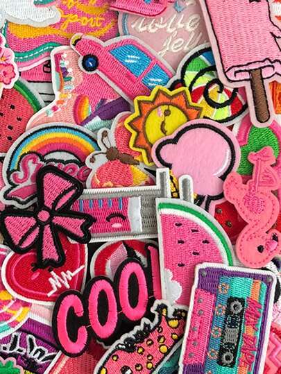 50pcs Pink Embroidered Patches, Floral & Rainbow Designs, Iron-On Sewing Appliques For Clothes, Hats, Pants DIY Decoration