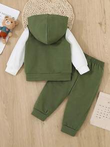H HIBOBI 3pcs Baby/Baby BoyOutfit Set, Including Hooded Vest, Long Sleeve T-Shirt, And Bear Graphic Pants, Suitable For 9 Months To 4 Years Old, Autumn/Winter - Army Green - View 2