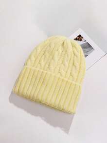 1顶冬季帽子，纯色可爱毛绒针织帽，柔软保暖滑雪帽，女士时尚翻边纯色骷髅针织帽，男女通用休闲抓绒帽