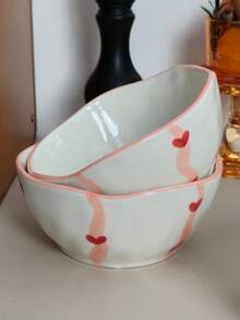 Cabin Kangaroo 1pc/2pcs/4pcs Set Asymmetrical Ceramic Bowl Set | 3D Heart Print Rustic Style Ceramic Bowl | Cute Pink Rim Snack/Salad Bowl, Suitable For Tabletop Decor And Daily Use - Multicolor - View 9