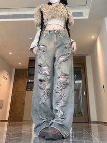 破洞牛仔阔腿宽松裤 - 復古色 - 查看 5