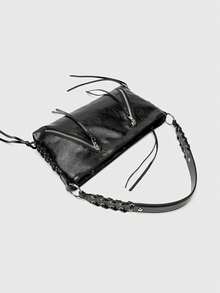 Style inspiré de la moto, ornements zippés, sac fourre-tout tressé, fermeture éclair, sac à épaule décontracté pour femmes, convient pour les vacances, les déplacements, les courses, etc. - Noir - Voir 6