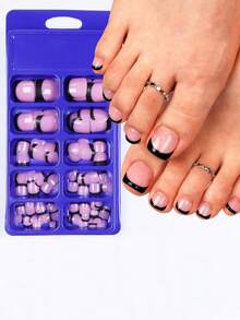 100 Stücke glänzende falsche Zehennägel 12 Größen/Box Schwarze French Tip Nägel Aufklebe-Nägel Komplett-Abdeckung kurze quadratische Fake-Zehennägel Künstliche Acryl-Pediküre-Spitzen mit Tabs für Frauen und Mädchen - Schwarz - Übersicht 6