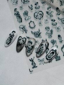 A Retro Dark Nail Sticker With Relief Texture Design, Gothic Baroque Style, Featuring Classical Portraits, Bows, Carved Picture Frames And Other Patterns, Suitable For Personal DIY And Creating Dark And Exquisite Nail Art Nails Nail Supplies - Black - View 7