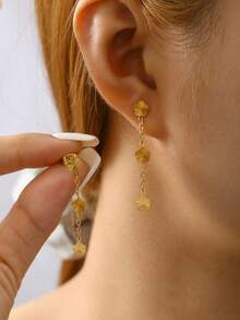 TONSI 1 Pair 18K Gold Plated Stainless Steel 5-Leaf Flower, 5-Leaf Clover Tassel Earrings, Floral Earrings, Elegant Fashion Jewelry Suitable For Women's Daily, Commute, Festivals, Parties. Great Gift For Friends, Mothers, Lovers, Jewelry Box, Christmas Gift - Gold - View 3