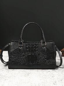 WOLFDIARY Elegant Crocodile-Embossed Handbag - Opulent Gradient Vintage Style - Spacious Women's Purse With Durable Top Handle - Ideal For Everyday Elegance And Professional Chic - 黑色 - 查看 4