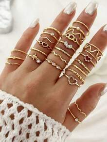 28pcs Minimalist Rhinestone Heart & Wave Design Gold Tone Knuckle Rings Set, Suitable For Daily And Holiday Wear - Gold - View 3