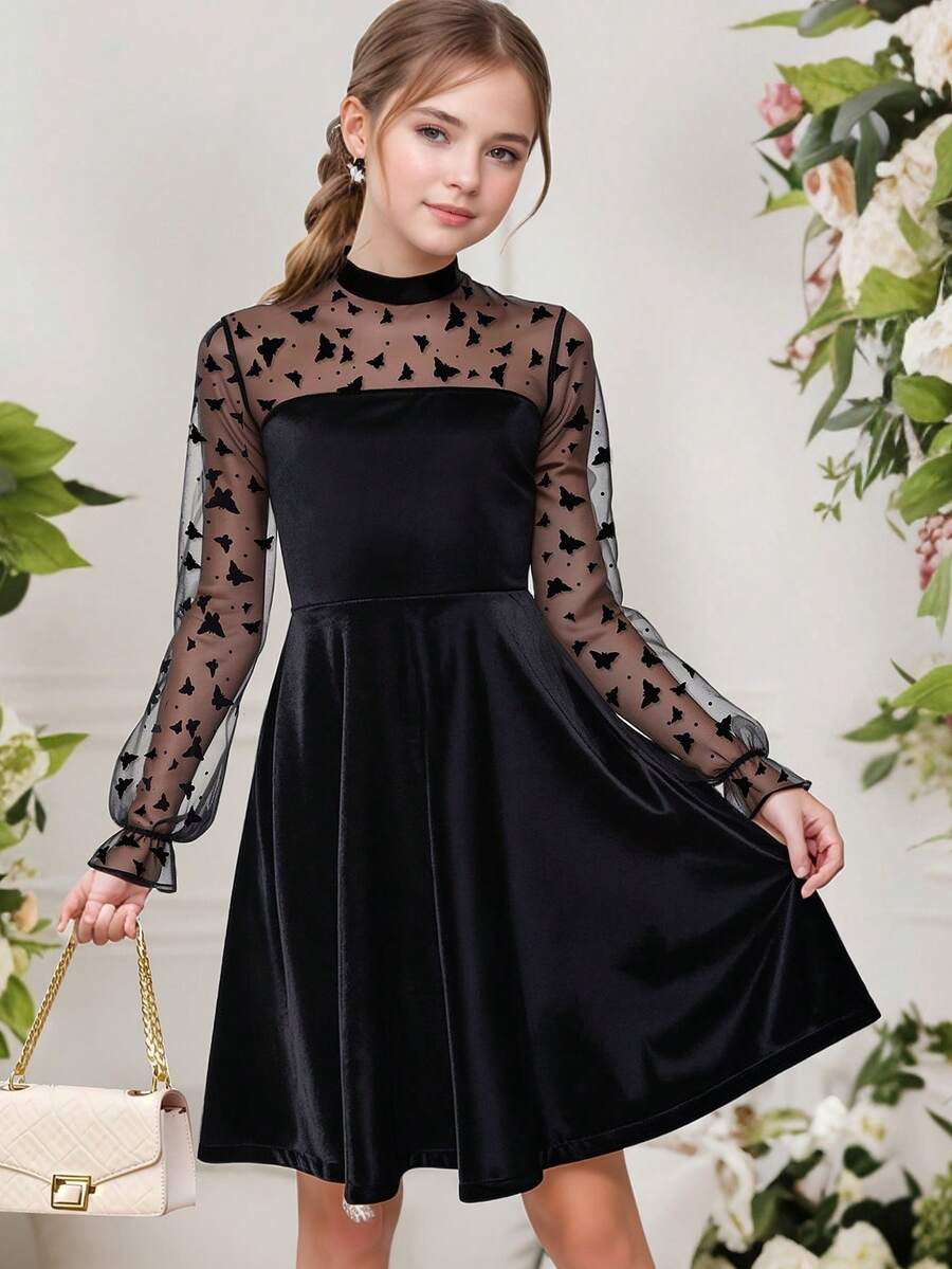 Tween Girl Butterfly Mesh & Velvet Patchwork Party Dress - Black - View 1