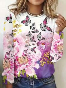 Women's 3D Floral & Butterfly Print Long Sleeve T-Shirt - Soft Pink Purple Lavender Green All-Over Blouse, Relaxed Fit Round Neck Top For Spring/Fall, Casual Work & Casual Attire, Machine Washable Full-Body Flower Pattern Shirt - Nhiều màu - Xem 1