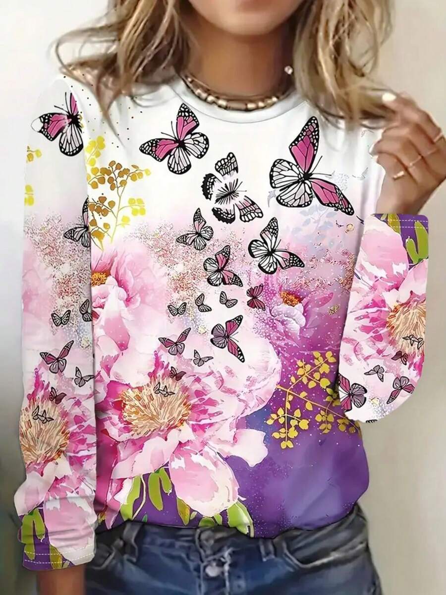 Women's 3D Floral & Butterfly Print Long Sleeve T-Shirt - Soft Pink Purple Lavender Green All-Over Blouse, Relaxed Fit Round Neck Top For Spring/Fall, Casual Work & Casual Attire, Machine Washable Full-Body Flower Pattern Shirt - Nhiều màu - Xem 1
