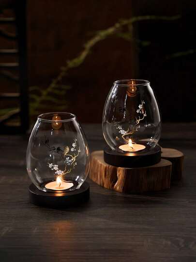 1个复古透明中式玻璃烛台，防风灯罩，圆形玻璃烛台，禅意风格，适合斋月装饰，是馈赠或自用的理想烛台