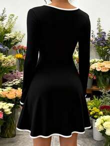 Women's Spring Mini Dress Elegant Long Sleeve Bow Square Neck Slim Fit Waist Cinching Dress For Daily Event Wear - 黑色 - 查看 2