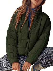 Chaqueta acolchada corta y ancha para mujer, ligera, resistente al agua y empaquetable para el invierno - Verde - Ver 2