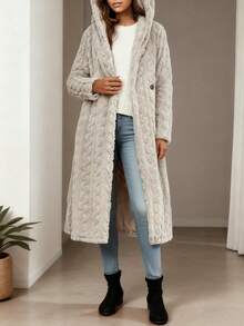 Elegant Hooded Winter Jacket With Double-Breasted Front Closure - Plus Size Women'S Plush Fleece Coat - Soft Plush Collar & Full-Length Zipper   Plus Size - Women'S Elegant Fleece-Lined Hooded Coat - Long Winter Coat With Front Button Closure, Non-Stretchy Fabric, Chic Cold Weather Outerwear For Fall & Winter  New Years Outfit Women    Winter Clothes For Women - 杏色 - 查看 3