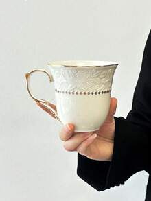 1pc European Style Embossed White Ceramic Gold Rim Mug With Handle, Coffee Cup, Breakfast Milk Cup, Home Afternoon Tea Latte Art Cup, Juice Beverage Cup, Couple Water Cup, Christmas Holiday Gift, Gift For Family And Friends - White - View 5