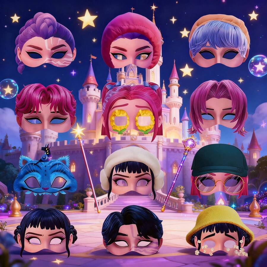 12pcs 2026 New Witch Hunting Girl Group Theme Party Photo Props - KPOP Girl Group Cosplay Masquerade Half Face Paper Mask, Perfect Birthday Gift, Christmas Gift & Collectible - Multicolor - View 1
