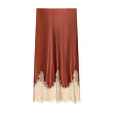 女士优雅纯色高腰蕾丝拼接中长裙 春季 - 紅棕 - 查看 4