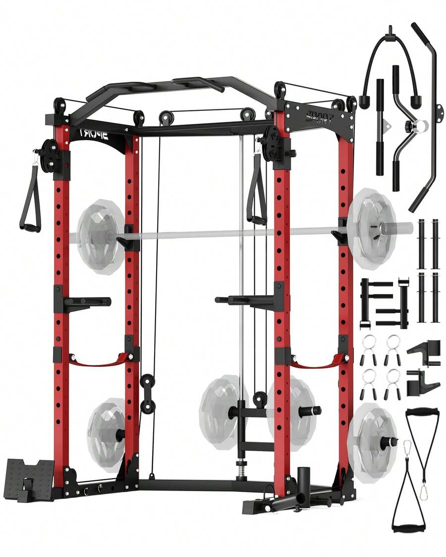 Techigher Power Cage, Multi-Functional Power Racks For Home Gym With Cable Crossover System, 1600LBS Weight Capacity Fitness Reality Squat Rack For Strength Workout With More Training Attachment(Ship In 2 Boxes) - Black & Red - View 1