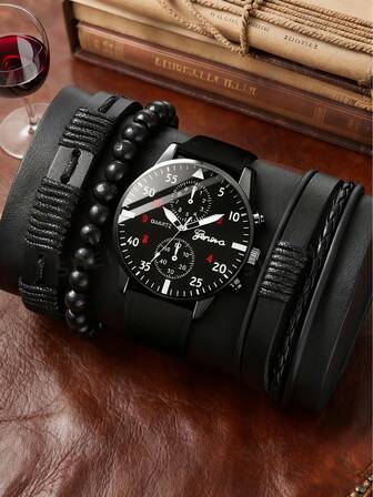 Set de 4 piezas, Reloj de hombre, Reloj de cuarzo para hombre simple y de moda, con 3 pulseras de correa de PU, Set de pulsera de reloj, Adecuado para usar en múltiples ocasiones o regalar como regalo festivo a tus amigos