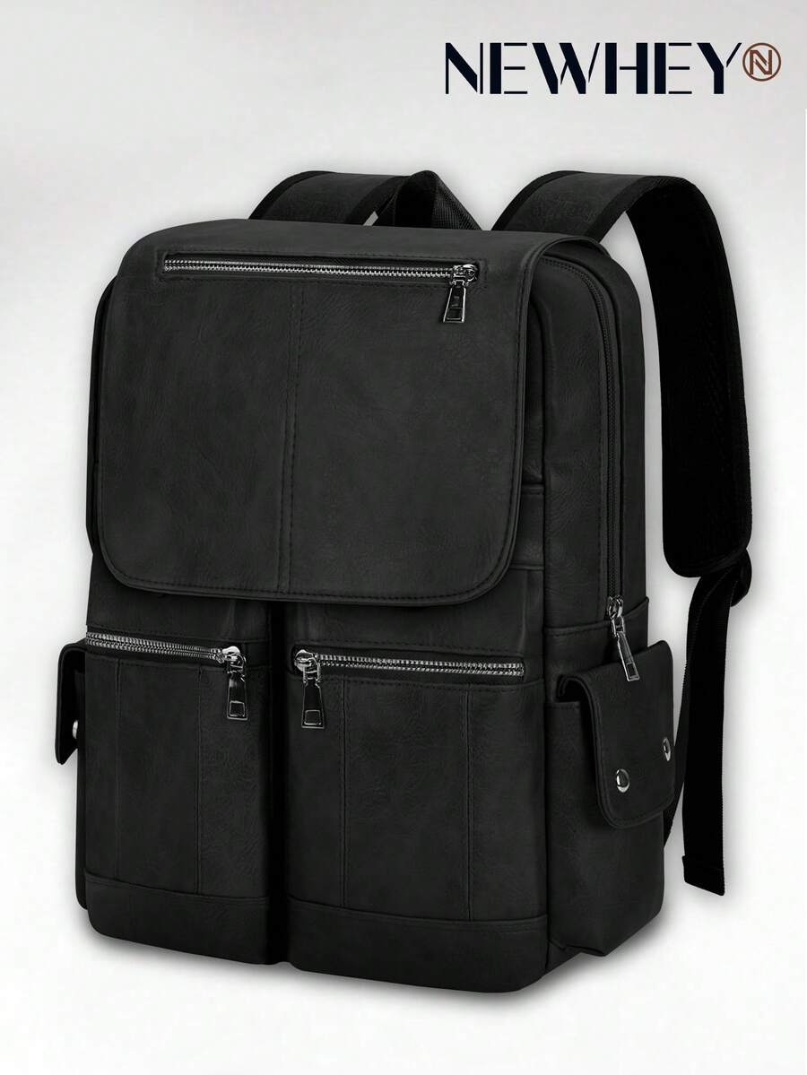 NEWHEY 15.6 Inch Fashion Laptop Backpack, Unisex - Large Capacity PU Leather Flap Bookbag, Waterproof Business Casual Rucksack With Zipper, Suitable For Work, Study, Commute And Travel Travel Bag Office Bag Vacation Bags For Travel - Multicolor - View 1