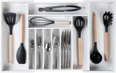 KitchenEdge Premium Silverware, Flatware And Utensil Organizer For Kitchen Drawers, Expandable To 33 Inches Wide, 11 Compartments, 100% Bamboo