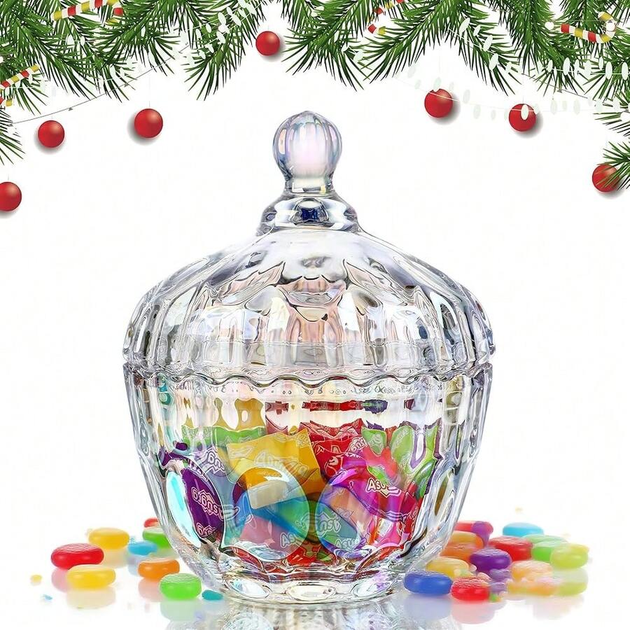 11.5 Oz Glass Candy Dish With Lid Colorful Candy Jar For Office Desk Decorative Glass Jar For Buffet, Snacks, Coffee Beans 5.5″Tall,AB - Ab - View 1