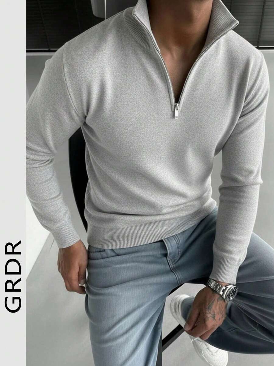 GRDR Men's Casual Long Sleeve Half Zip Knit Sweater, Versatile For Daily Wear - Light Grey - View 1