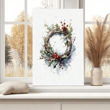 1pc Framed Canvas Wall Art Prints Poster, Christmas Wreath, Holly And Berries, Watercolor Art Style Art Posters Canvas Print Painting For Living Room Bedroom Office Bathroom Dorm Home Decor, Ready To Hang, 2D Flat - Multicolor - View 3