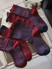 5 Pairs Women's Striped Mid-Calf Socks, Red And Blue Color, Suitable For Autumn/Winter, Indoor, Outdoor Activities And Sports, Fit For Young Adults Aged 18-40