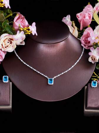1 Set Simple Style Blue White Square Crystal Choker Necklace And Zirconia Stud Earrings, Silver Plated Women Elegant Cubic Zirconia Jewelry Set For Wedding, Engagement, Party, Prom, Costume Jewelry Accessories, Gift For Female, Girlfriends, Wife, Mother