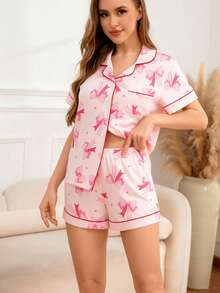 情人节爱心蝴蝶结印花女士短袖纽扣领上衣和短裤睡衣套装，2件套，舒适休闲宽松家居服，适合室内外穿着，春夏款。 - 粉色 - 查看 3
