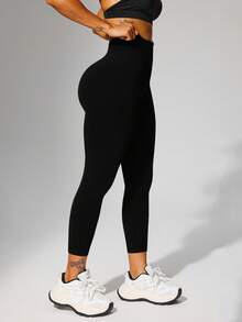 1pc High Waist Ribbed Yoga Leggings, Suitable For Hiking, Outdoor Activities, Sports And Casual Wear Black Spring - Black - View 5