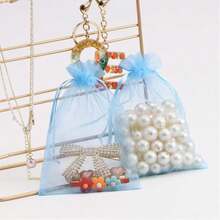 Transparent Drawstring Organza Jewelry Storage Bag, Wedding Party Christmas Gift Bag (Light Blue) - Blue - View 3