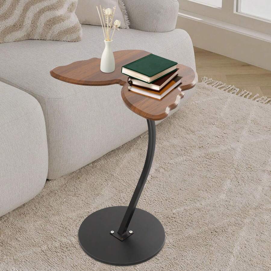 Mesa auxiliar, mesa auxiliar con forma de mariposa, mesa auxiliar en forma de C pequeña para salas de estar, dormitorios, oficinas, salas de estudio, áreas de espera - Negro y marrón - Ver 1