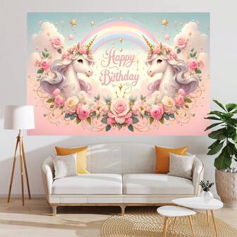 1 st söt regnbågsblomma enhörning födelsedagsfest bakgrundsdekoration banderoll (82,7x59,1/59,1x39,4/39,4x29,5 tum) molnstjärna regnbåge rosa blomma enhörning grattis på födelsedagen festdekoration, perfekt för fest, vardagsrum, sovrum väggbonad, fotostudio bakgrund