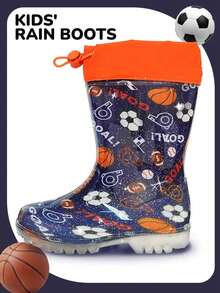 Kids Sports Ball Rain Boots With Drawstring, Waterproof Easy-On Boots For Outdoor Play - 藏青色 - 查看 2