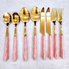 8/20pcs Golden Unique Stainless Steel Tableware, Beautiful Silverware Old-Fashioned Elegant Colorful Ceramic Handle Steak Knife, Dessert Spoon, Fork And Spoon - Multi-Color Creative Tableware Porcelain, Perfect For Daily Dining And Holiday Gatherings