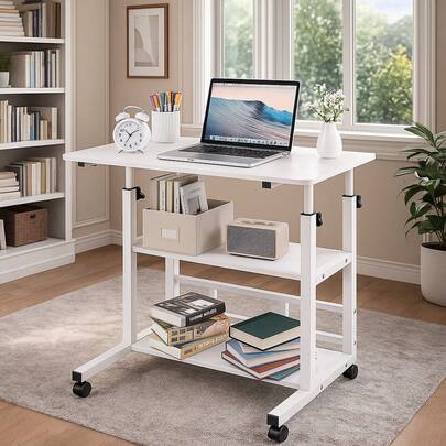 Escritorio portátil con ruedas, escritorio móvil pequeño ajustable en altura, escritorio para laptop y mesa portátil para dormitorio, mesa de computadora de mesita de noche