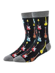 1 Pair Men's Versatile Comfortable Guitar Patterned Mid-Calf Socks - Multicolor - View 1