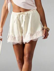 Women Drawstring Shorts Casual Loose Fit Stylish Solid Lace Trim Mid Rise Shorts - 白色 - 查看 3