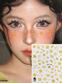 2pcs Autumn New Face Stickers, Brown & Yellow Flower Decor Face Stickers With Self-Adhesive, Cute & Versatile For Festivals, Parties, Photo Shoots, Waterproof & Long-Lasting Makeup Decoration Stickers, Y2K, Carnival